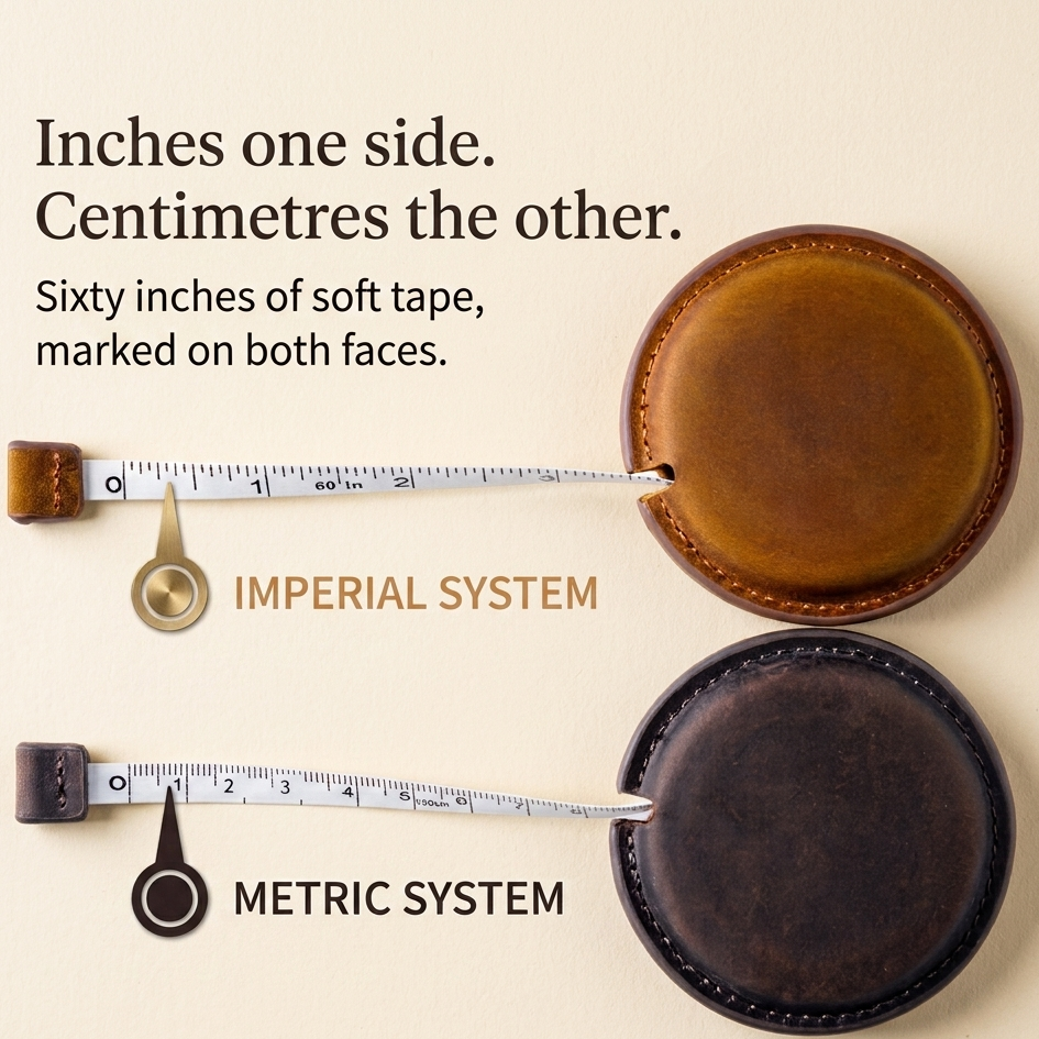 Two round leather tape measure cases shown on a beige background, one tan/caramel and one very dark brown, each with a measuring tape extended. Text explains the tape is sixty inches and marked in both Imperial and Metric systems.
