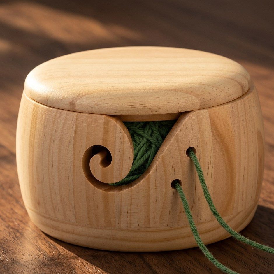 A close-up of a light natural wood spinning spindle with a green yarn tail threaded through the center hole, resting on a dark wooden surface.