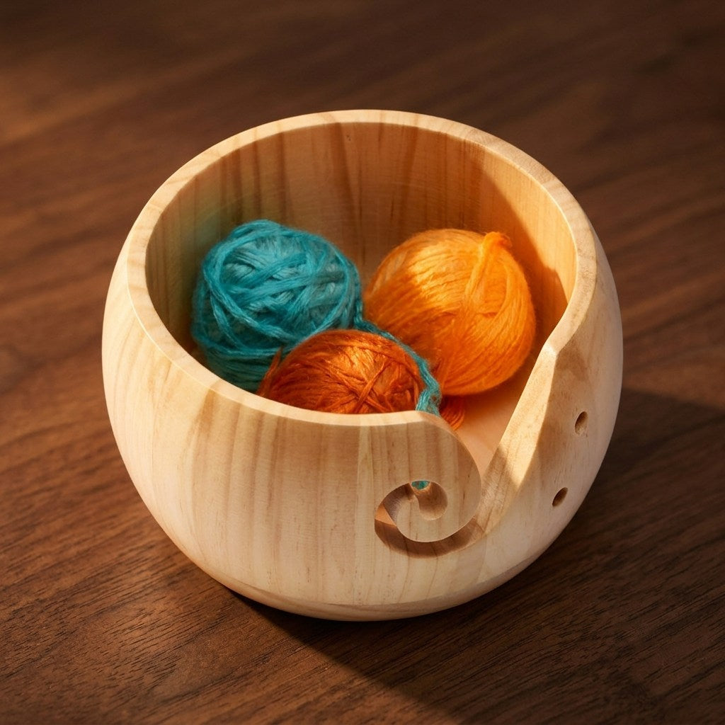A round wooden yarn bowl with a carved spiral handle, filled with three balls of yarn in teal, orange, and brown, set on a dark wooden table.