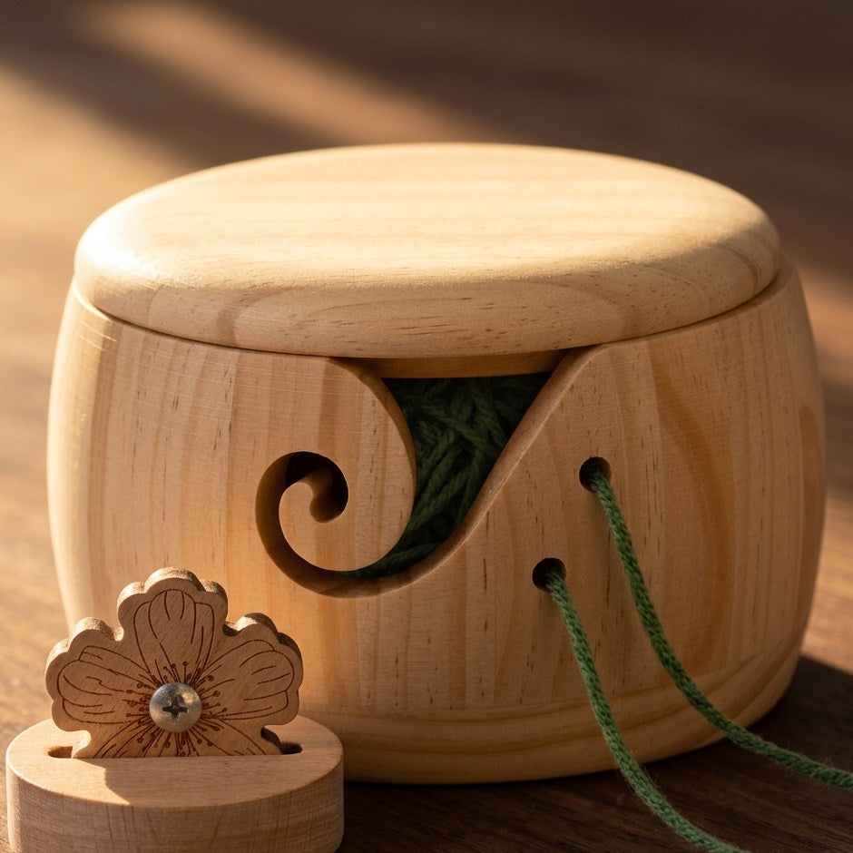 A close-up of a light natural wood spinning wheel with a green yarn spool inside and a green drawstring, shown on a wooden surface with warm sunlight and shadows.